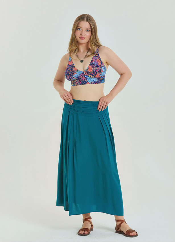 Elastic Waist Drape Detailed Petrol Plus Size Skirt 4601